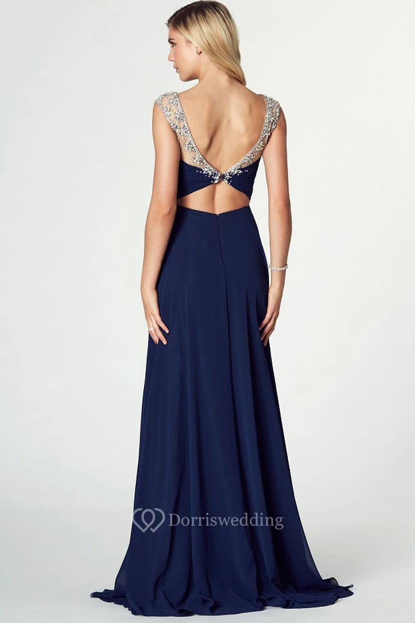 Bateau Neck Beaded Sleeveless Chiffon Prom Dress view 2