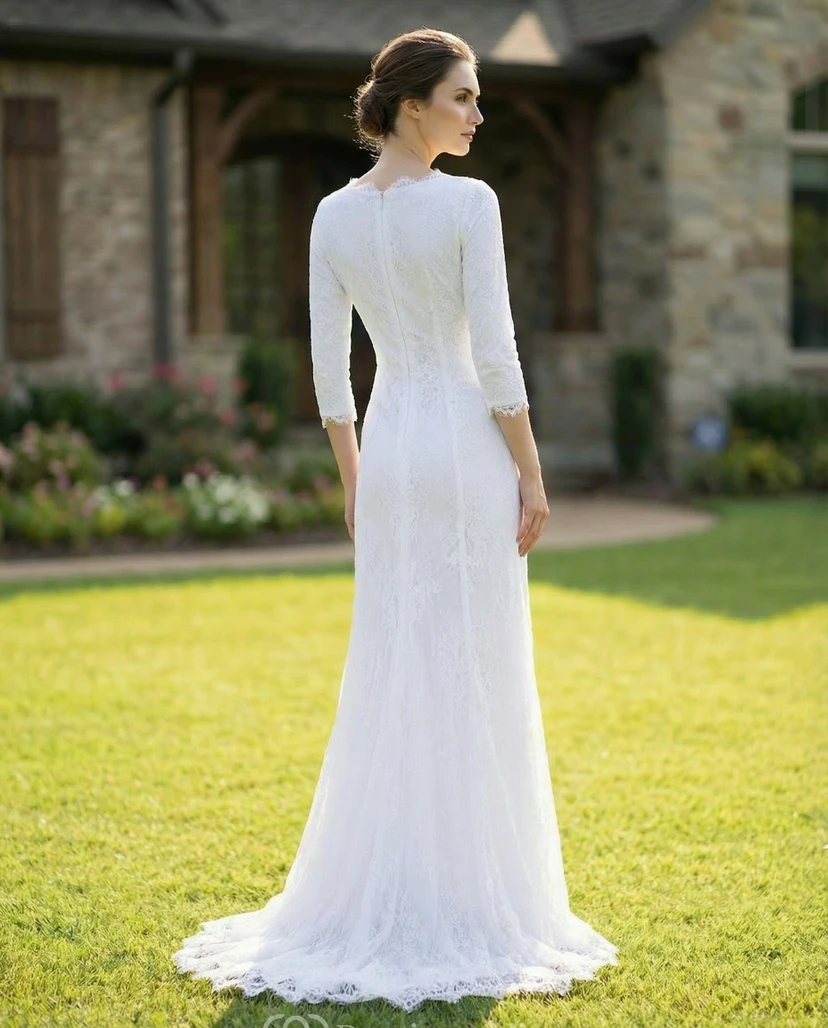 3/4 Sleeve Modest Lace Wedding Dress view 2