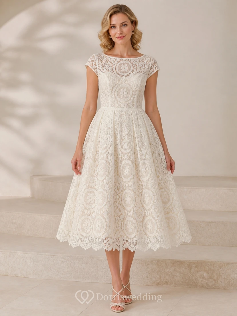 Vestido de novia vintage de encaje de ganchillo con escote barco y corte en A, largo hasta la rodilla.