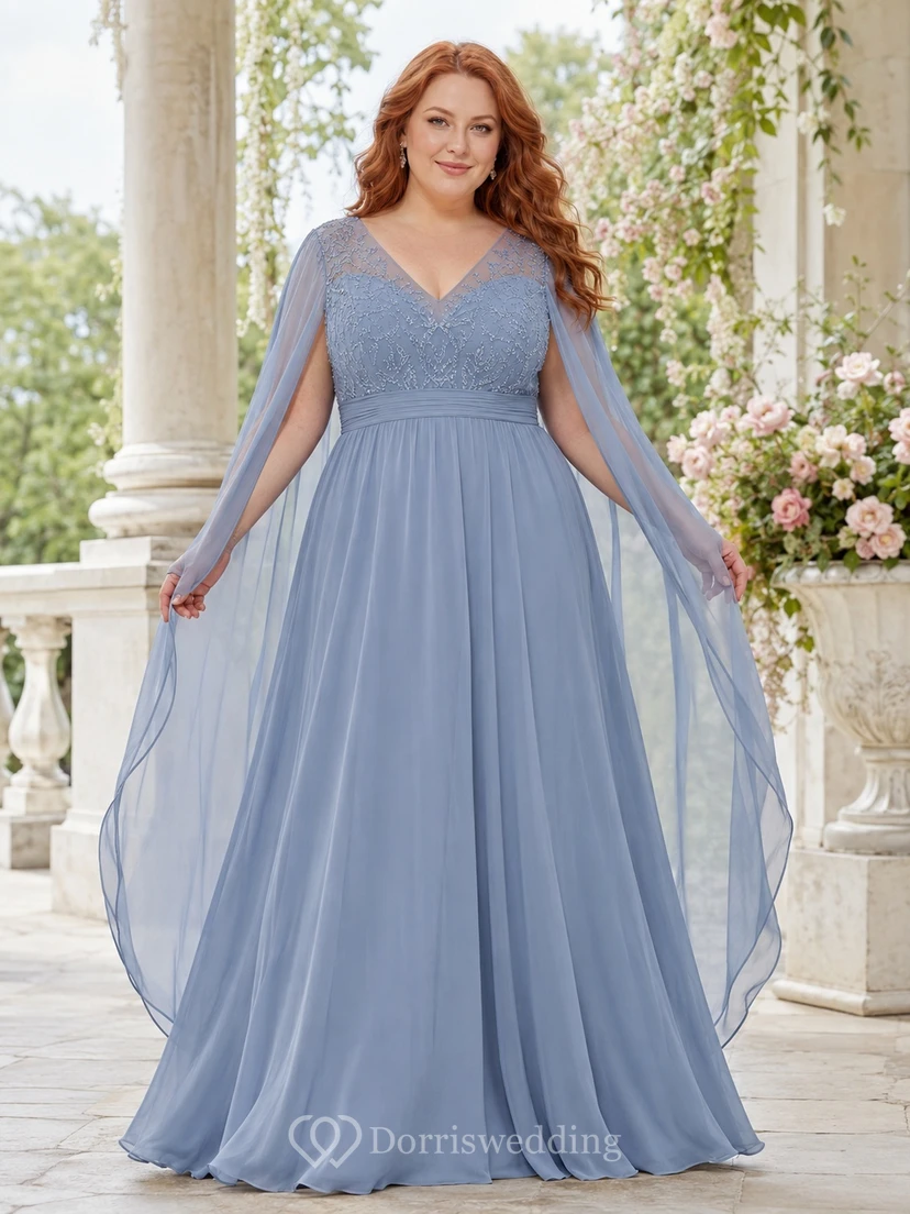 Slate Blue Plus Size Poet Sleeve Chiffon V-Neck A-Line Formal Gown
