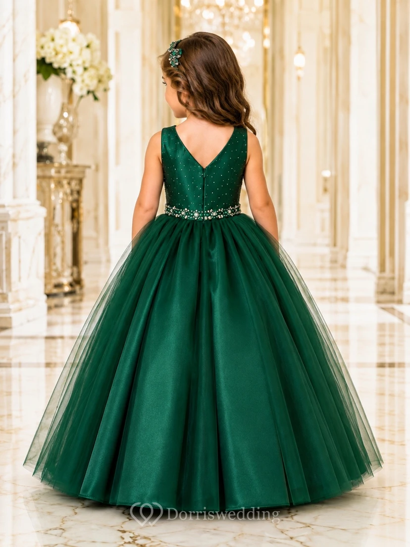 Dark Green Flowergirl Satin Ball Gown Beaded Belt Sleeveless Pageant Dress view 2