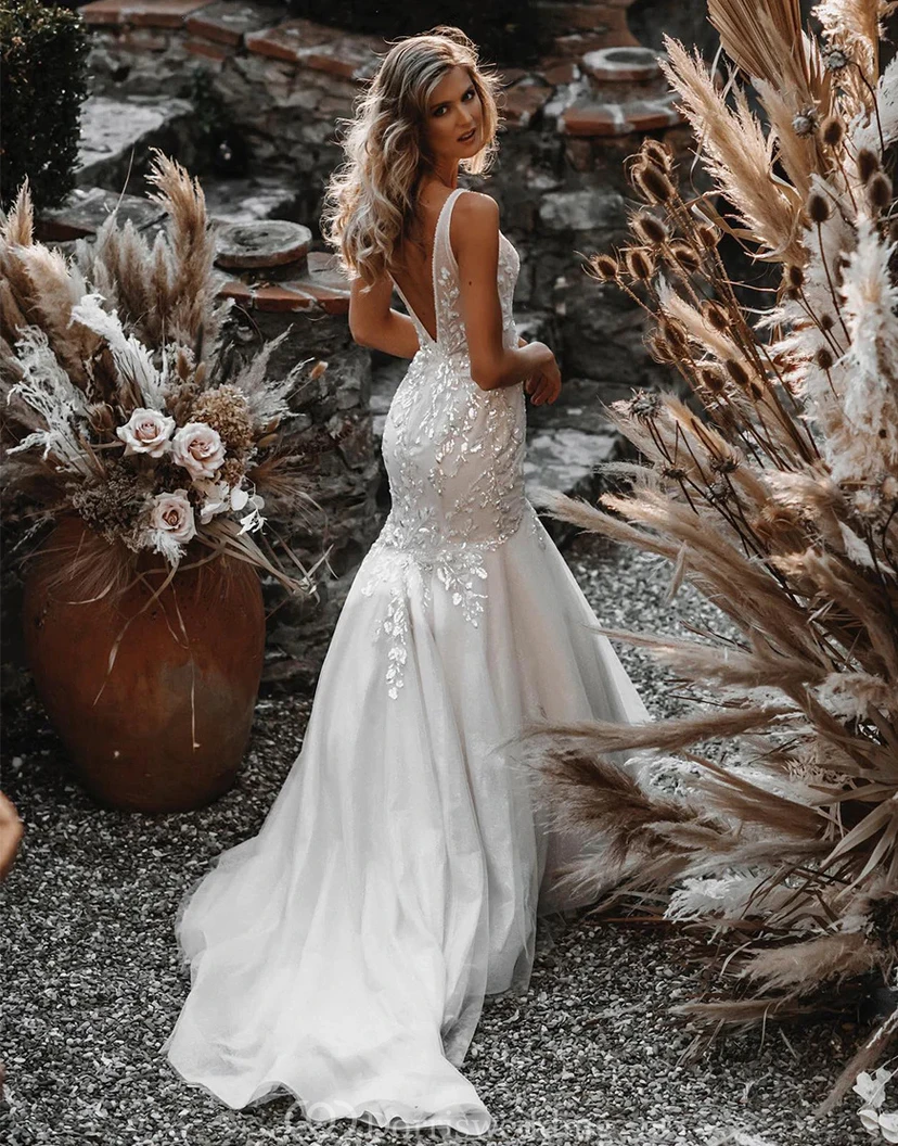 Sequined V-Neck Mermaid Wedding Dress with Layered Tulle view 2