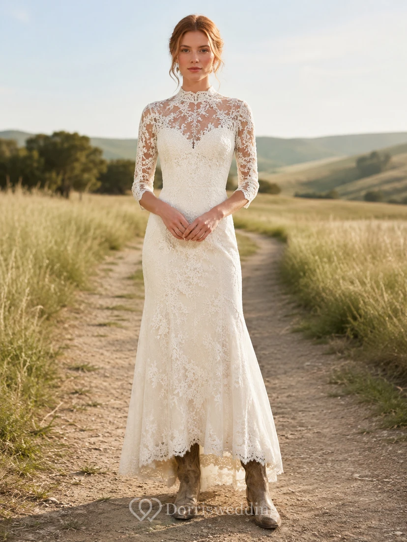 Robe de mariée de maternité, col carré, bretelles en dentelle, coupe trapèze, traîne souple