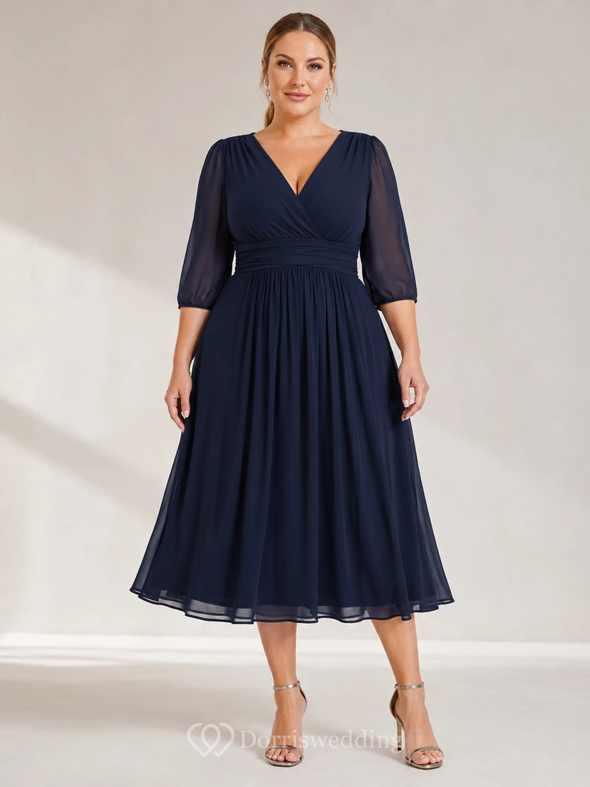 Dark Navy Curve Friendly V Neck Chiffon Three Quarter Sleeve Tea Length A Line Dress