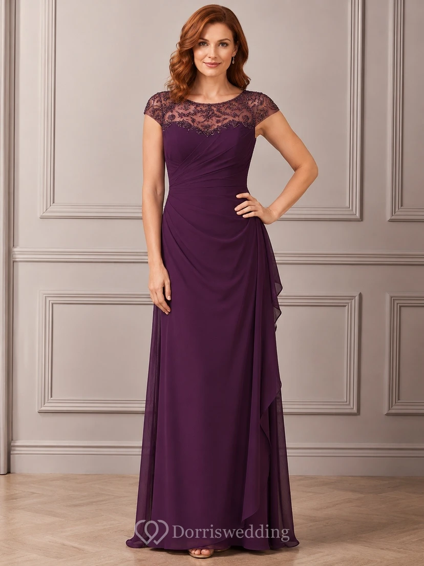 Plum Short Sleeve Lace Sheath Modest Formal Evening Dress