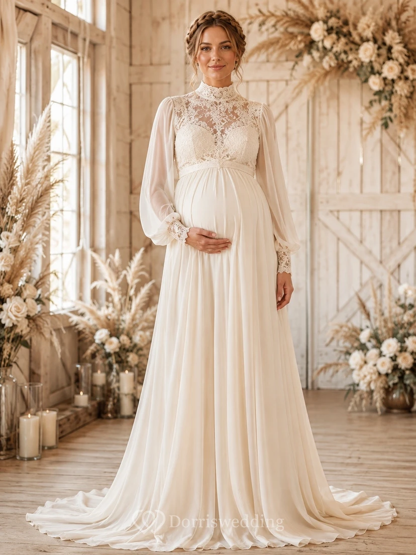 Bohemian Romantic High-Neck Long-Sleeve Lace-Tulle Tiered A-Line Floor-Length Wedding Dress