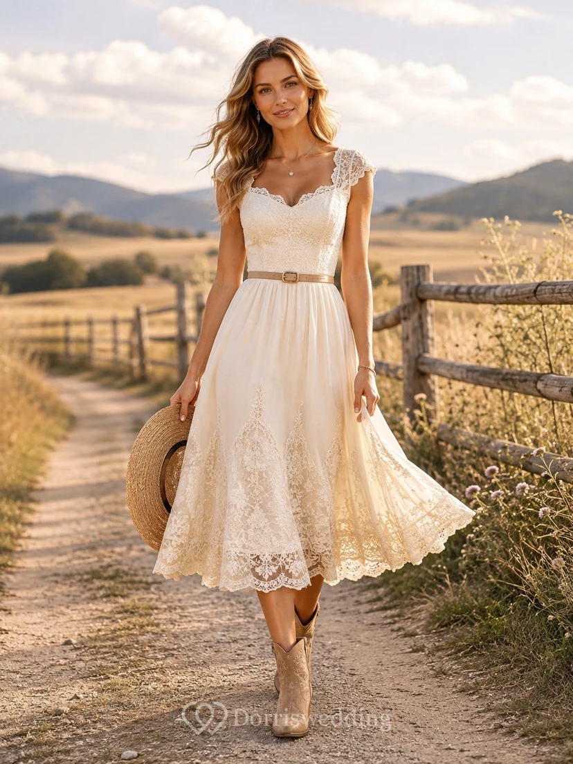 Ivory Lace V-Neck Flutter Sleeve Sash A-Line Tea-Length Bohemian Dress