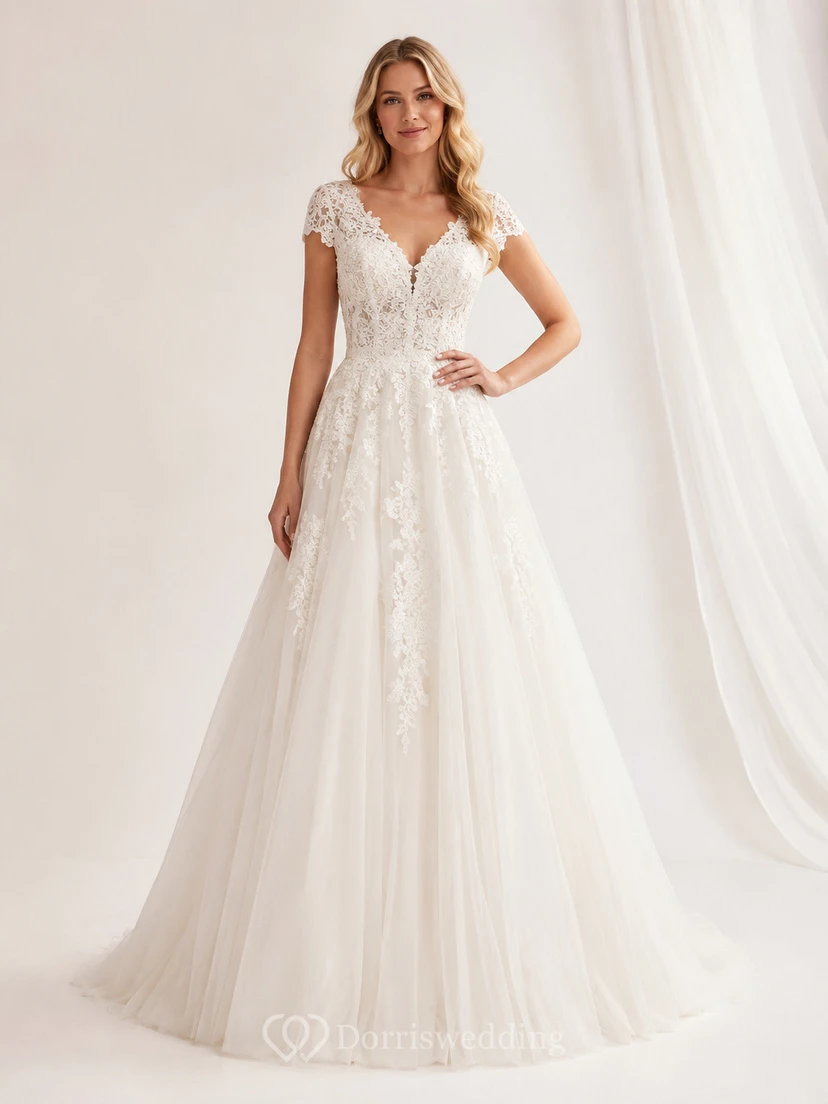 Brautkleid in A-Linie mit V-Ausschnitt, kurzen Ärmeln und Spitze