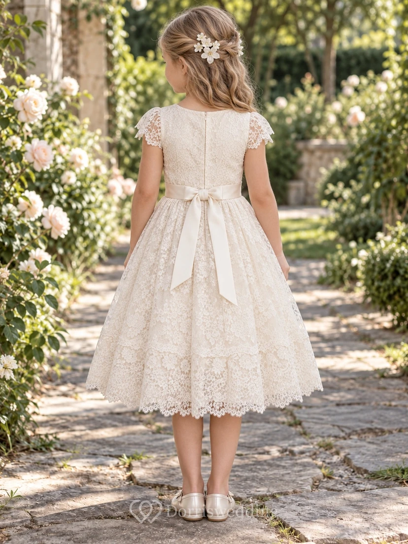 Tea-length Cream Cap Sleeve Scoop Floral Scalloped Lace Bow Sashed A-Line Flowergirl Dress view 2