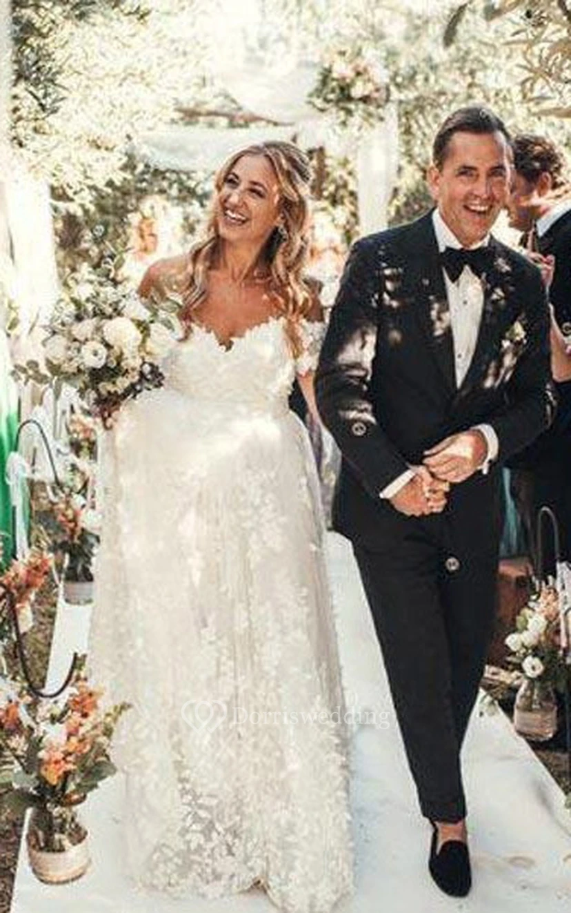 Schulterfreies Empire-Brautkleid im A-Linien-Stil mit Spitze und Herzausschnitt im Landhausstil view 3