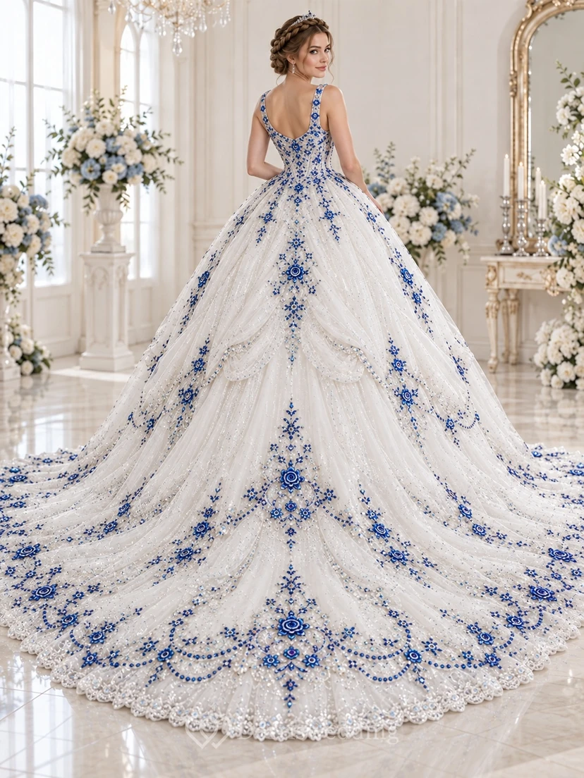 Vestido de novia de gala azul marino con estampado floral, escote redondo, recogidos de tul con cuentas y cola de capilla. view 2