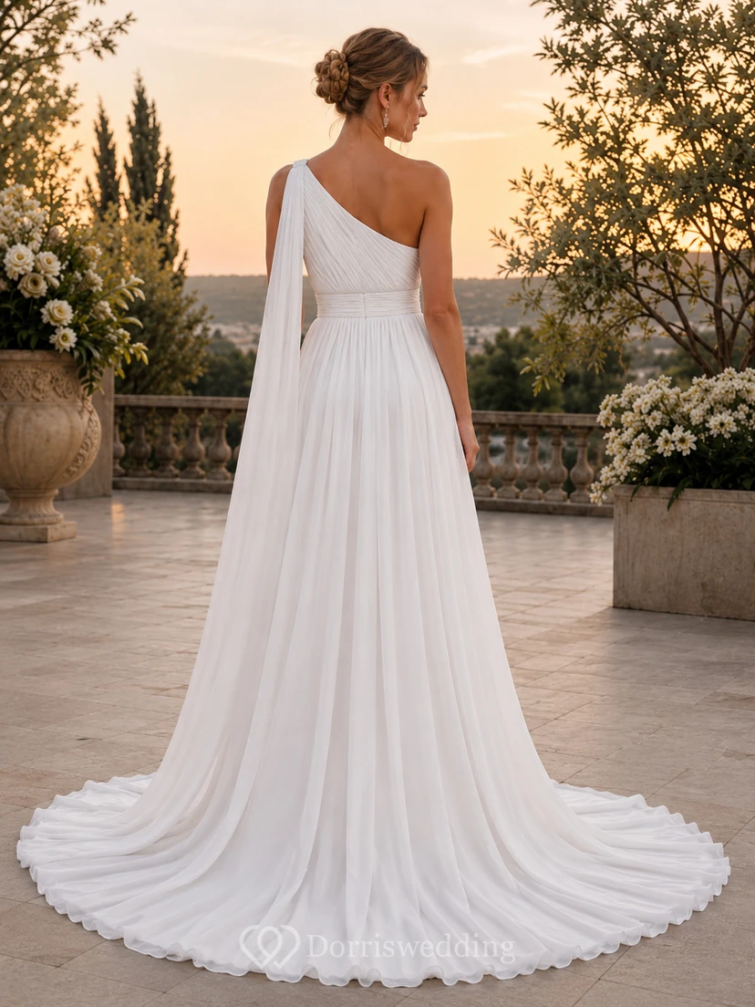 Flowing One Shoulder Pleated Chiffon A-Line Sweep Free Ceremony Wedding Dress view 2