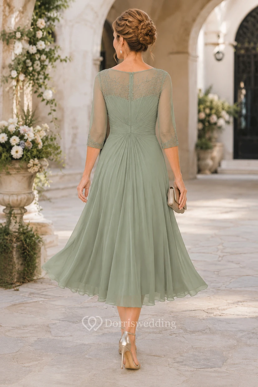 Robe de mère en dentelle sauge illusion longueur thé avec manches trois-quarts view 2