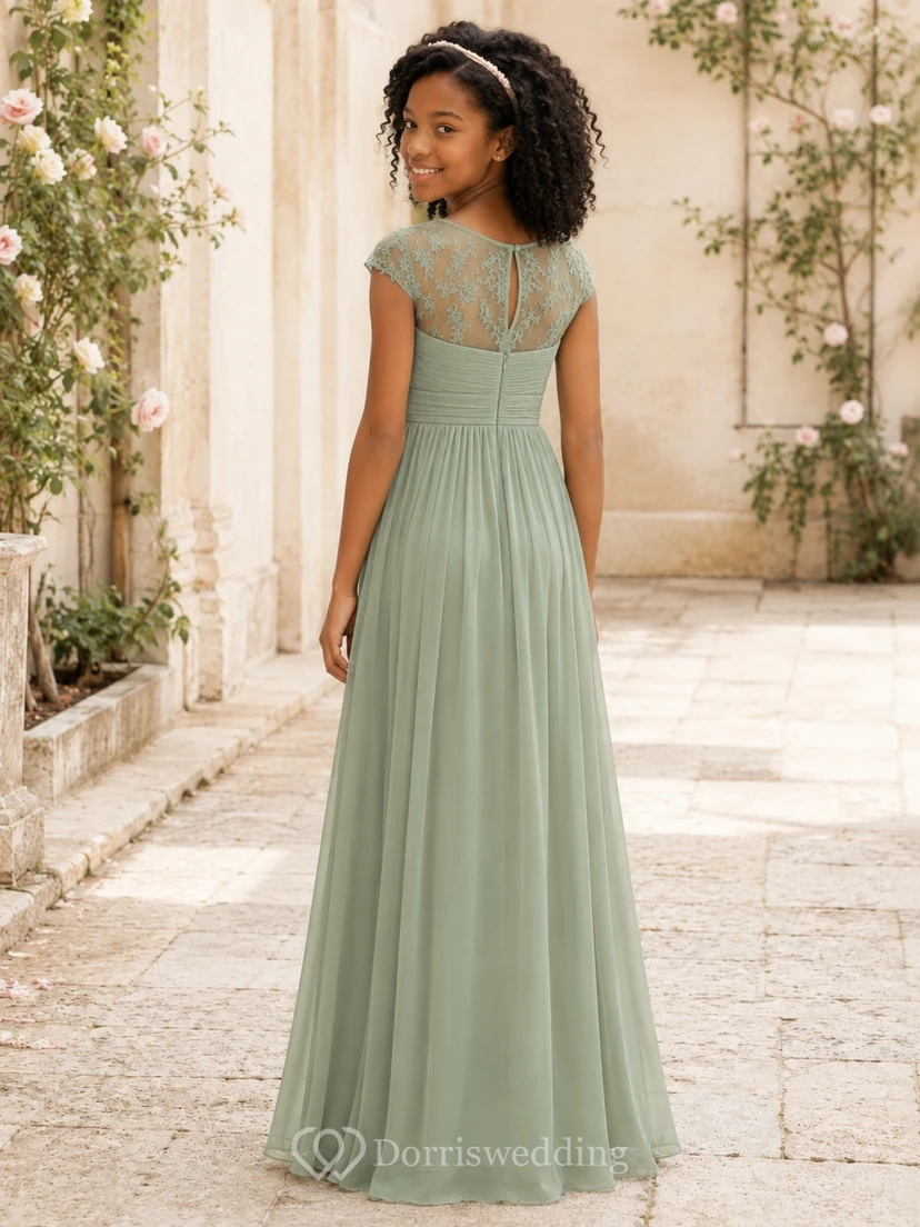 Celadonfarbenes Brautjungfernkleid für junge Mädchen, A-Linie, kurze Ärmel mit Muschelsaum, Oberteil aus Spitze view 2