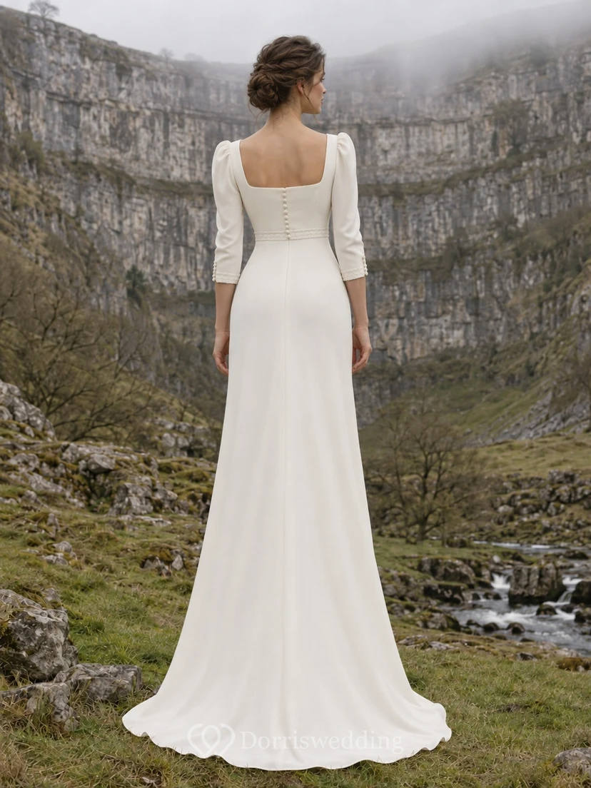Vestido de novia vintage modesto de manga tres cuartos, corte recto, escote cuadrado, largo hasta el suelo. view 2