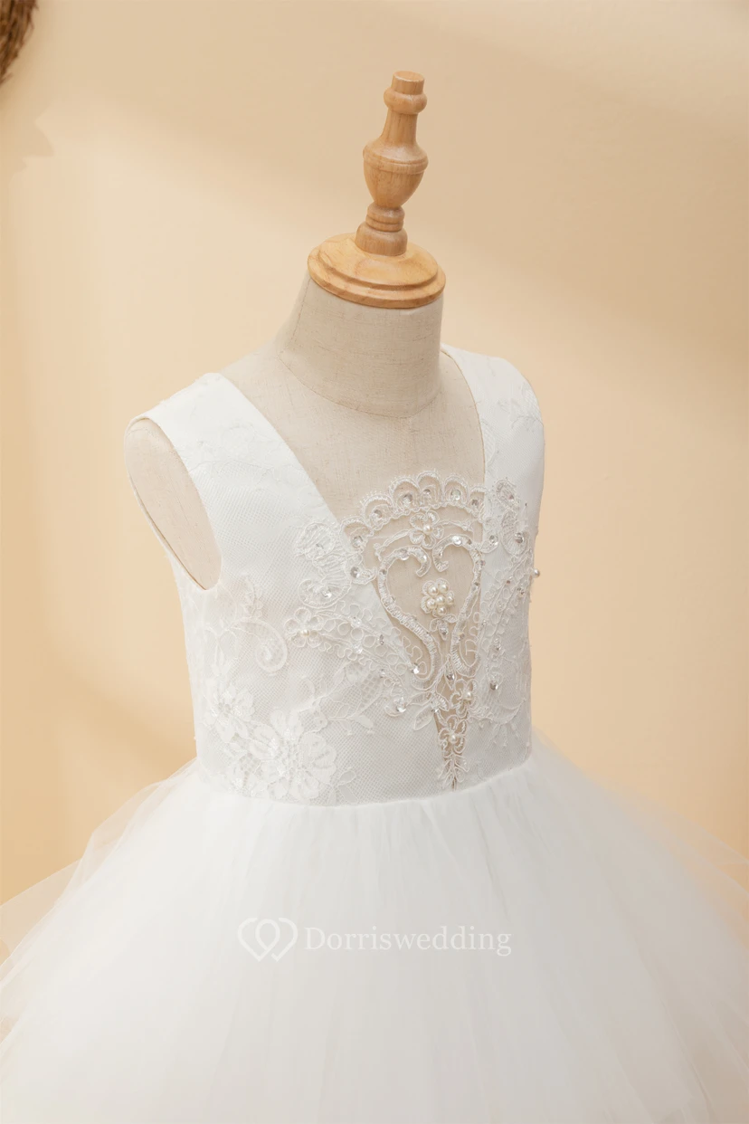 Short Ruffled Sleeveless Layered Plunged Tulle Flowergirl Dress view 7