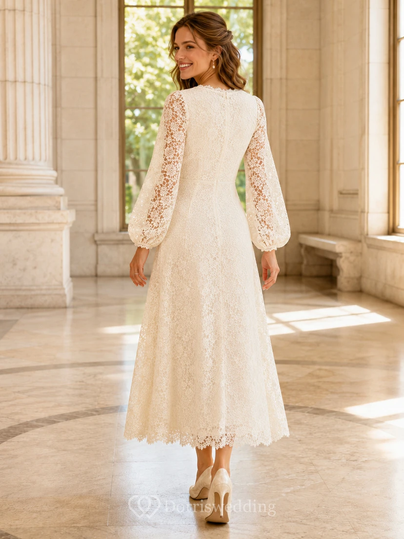 Vintage Courthouse V-Neck Long Illusion Sleeve Lace Tea Length A-Line Wedding Dress view 2