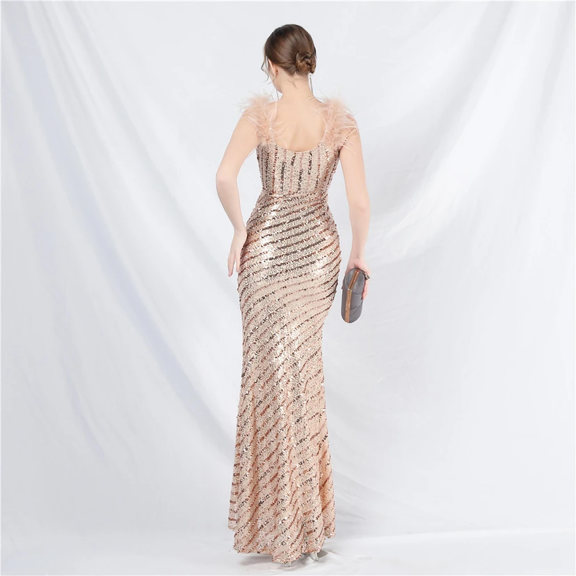 Evening Dress Craft Beaded Ostrich Feather Sequined Side Slit Evening Dress view 51