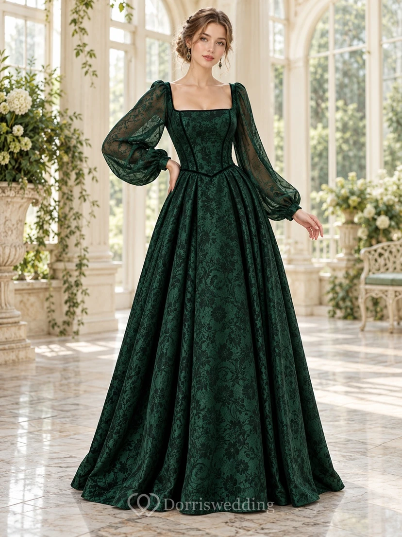 Dark Green Gothic Square Neck Bishop Sleeve Full Gown