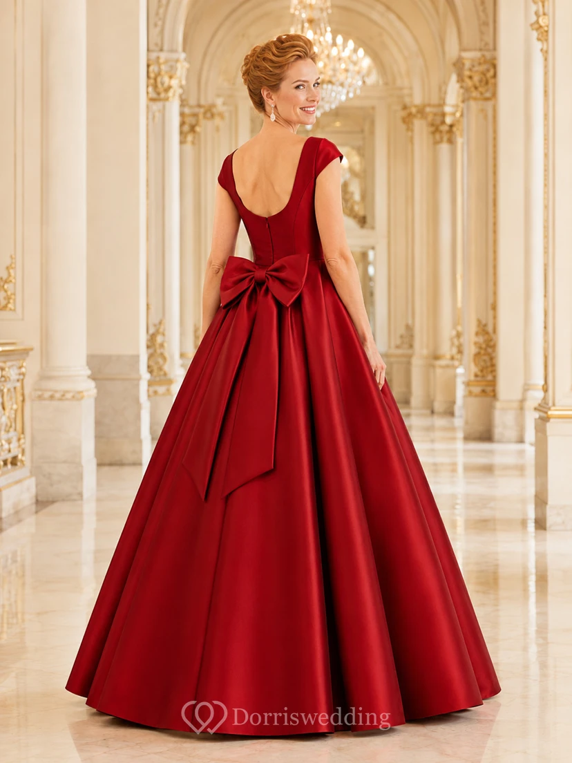 Rotes, bodenlanges Ballkleid aus Satin mit U-Boot-Ausschnitt, kurzen Ärmeln, Schleife am Rücken, Falten und U-Boot-Ausschnitt view 2