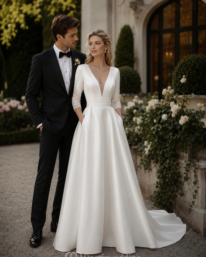 Robe de mariée élégante en satin à manches longues et décolleté plongeant, coupe trapèze view 2