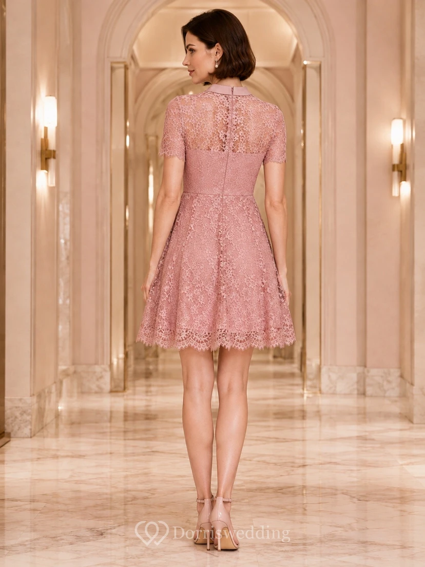 Dusty Rose Lace Bow Neck Cap Sleeve Short A-Line Dress view 2