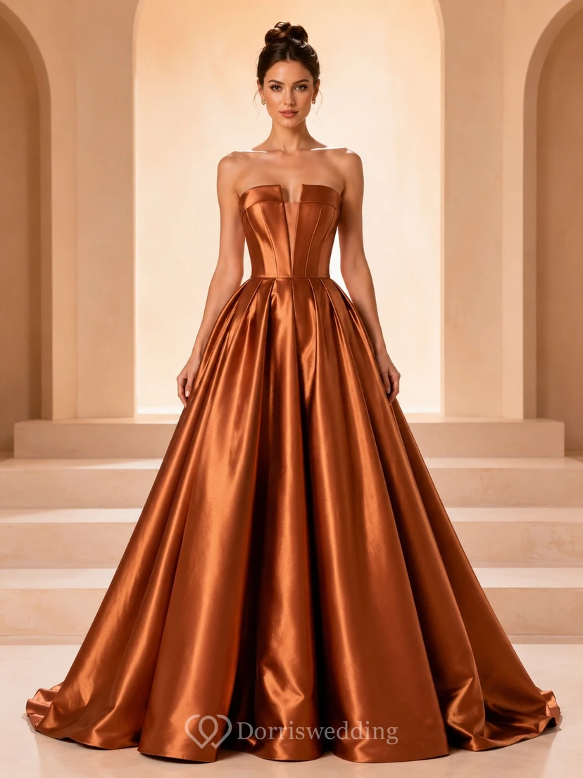 Luxury Copper Satin Ball Gown Floor-Length Strapless Pleated Evening Dress