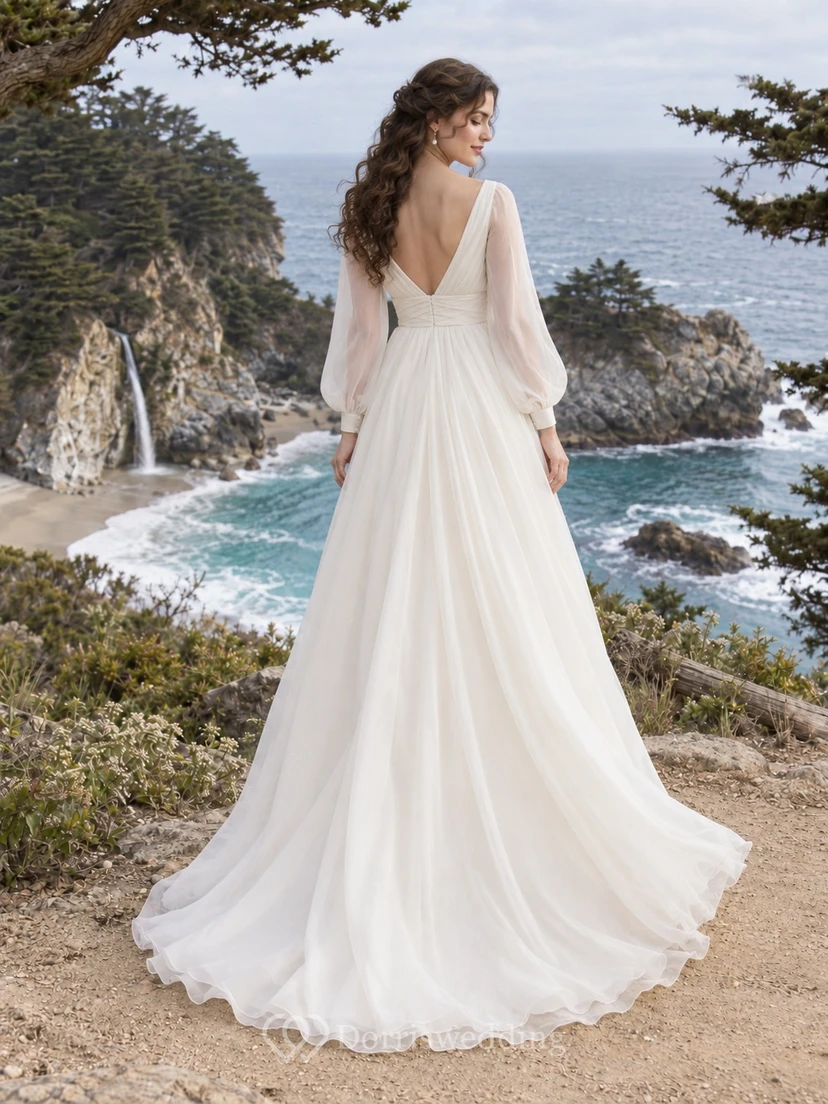 Simple Long Sleeve Empire V-Neck Ruched Organza Floor Length Wedding Dress view 2