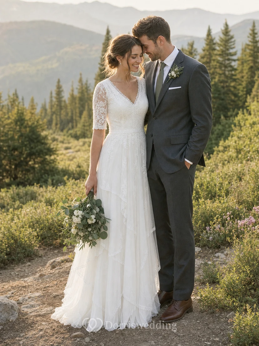 Ländliches, schlichtes Vintage-Hochzeitskleid mit Ärmeln für ältere Bräute in großen Größen video preview