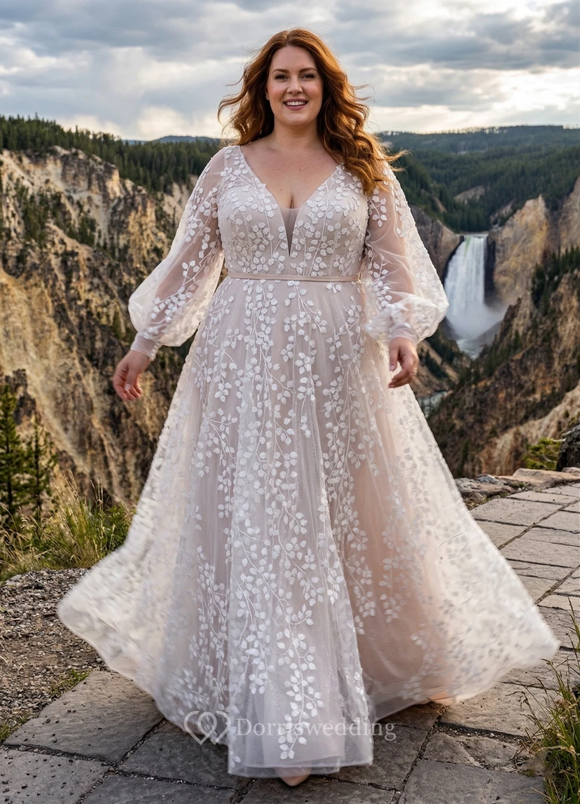 Plus Size Floral Lace Long Sleeve Wedding Dress with Sheer A-Line Skirt