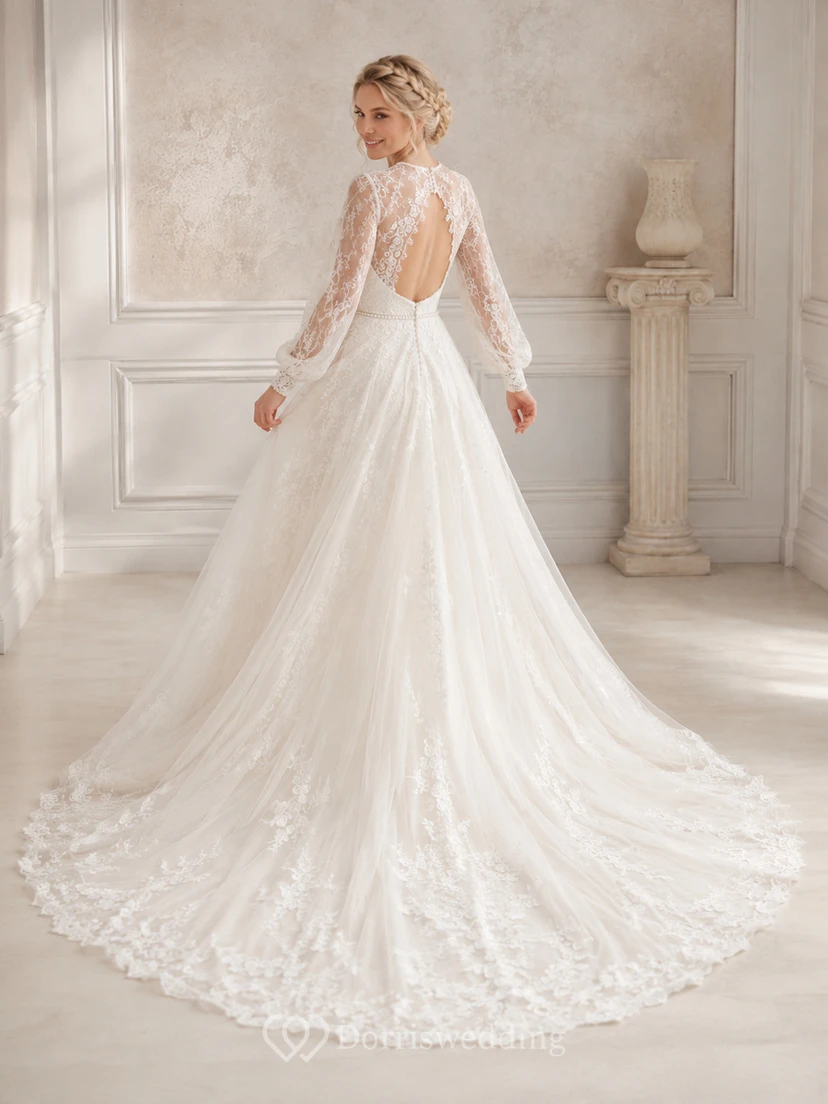 Langärmeliges, transparentes A-Linien-Brautkleid aus Spitze view 2