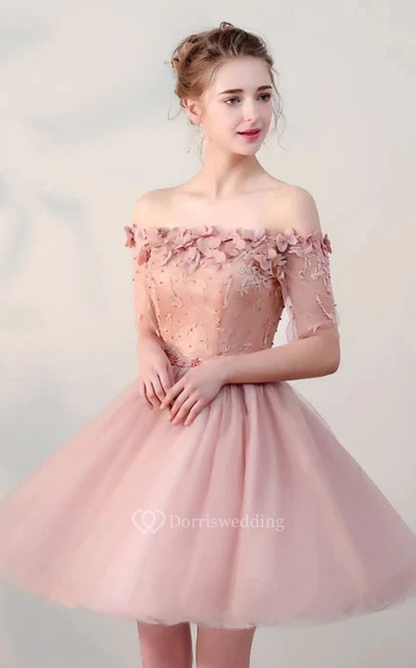 Kurzes, schulterfreies A-Linien-Abendkleid mit Korsettrücken view 3