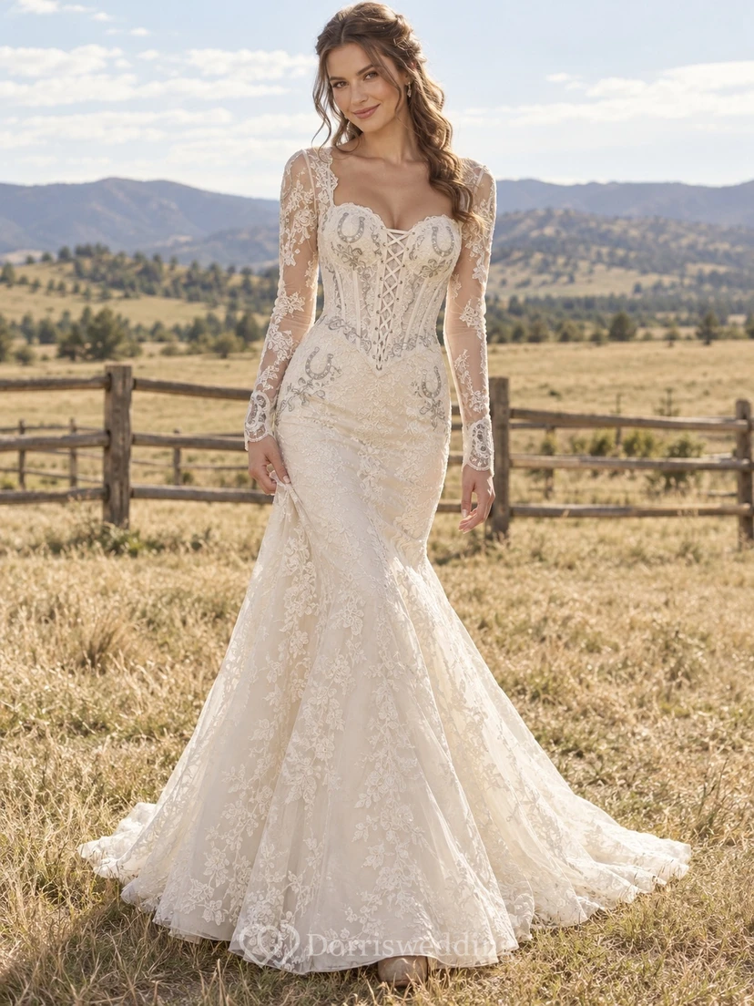 Western-Chic-Brautkleid im Meerjungfrauenstil mit langen Ärmeln, Spitze, herzförmigem Korsett und Hufeisenstickerei