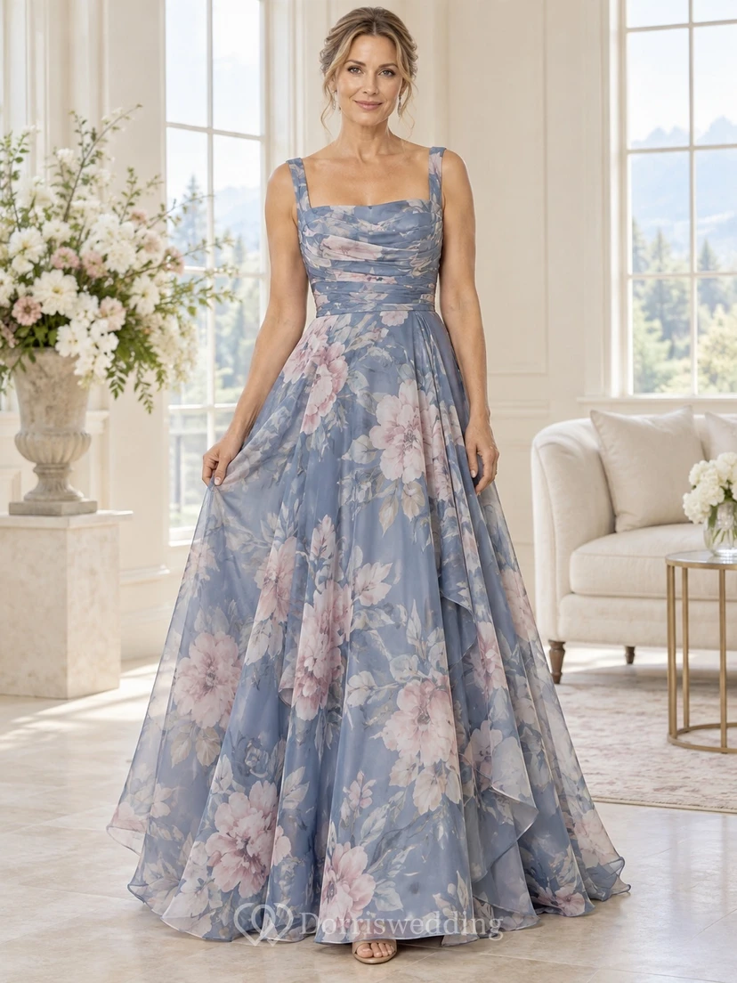 Vestido de noche formal de organza azul pizarra con estampado floral, escote cuadrado y sin mangas, corte en A.