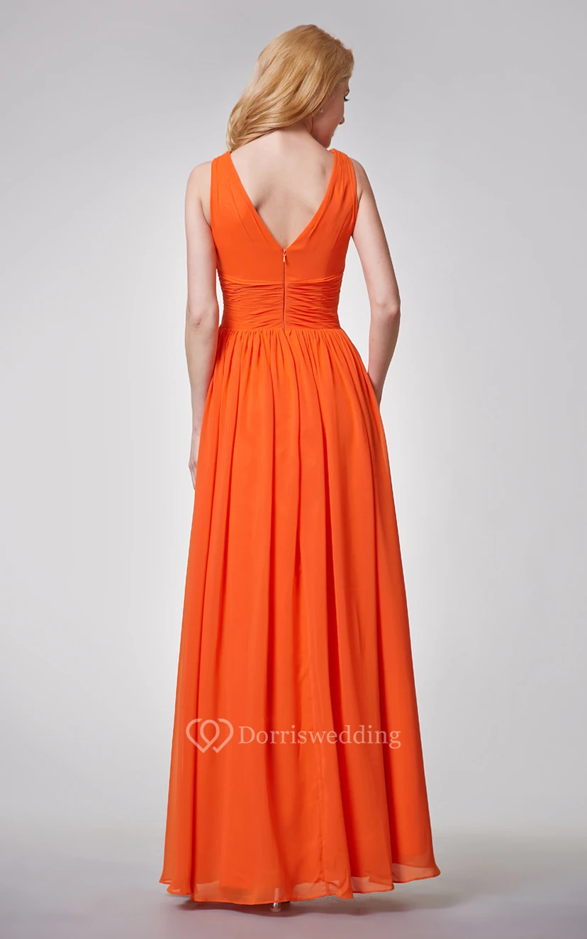 V-neck Pleated A-line Long Chiffon Dress With Ruched Waist view 3