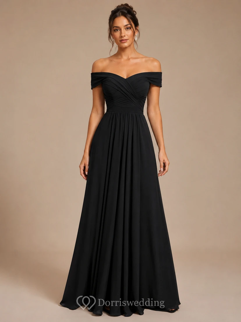 A-Linien-Brautjungfernkleid aus Chiffon mit kurzen Ärmeln, schulterfrei und Falten