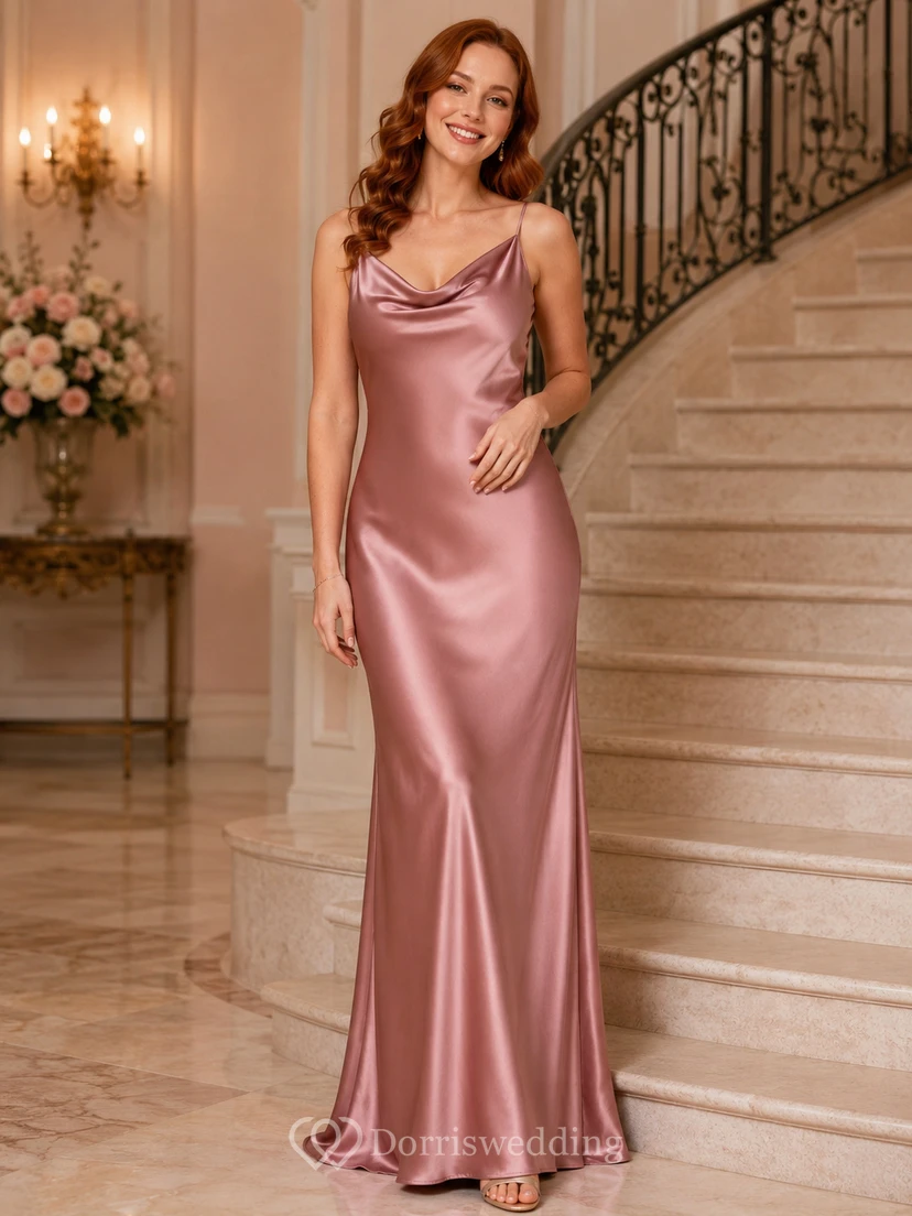 Dusty Rose Cowl Neck Satin Sheath Evening Dress