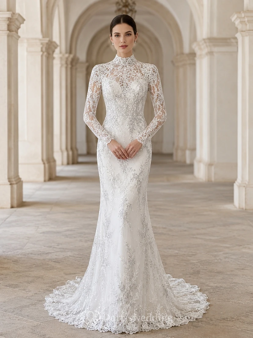 Silbernes, hochgeschlossenes Meerjungfrauen-/Trompetenkleid mit hohem Kragen, langen Ärmeln, bodenlanger Schleppe und schlichtem Design