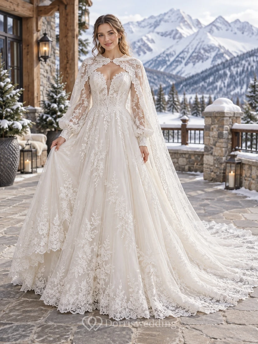 Vestido de novia de invierno con capa, manga larga, escote en V y encaje floral, corte en A