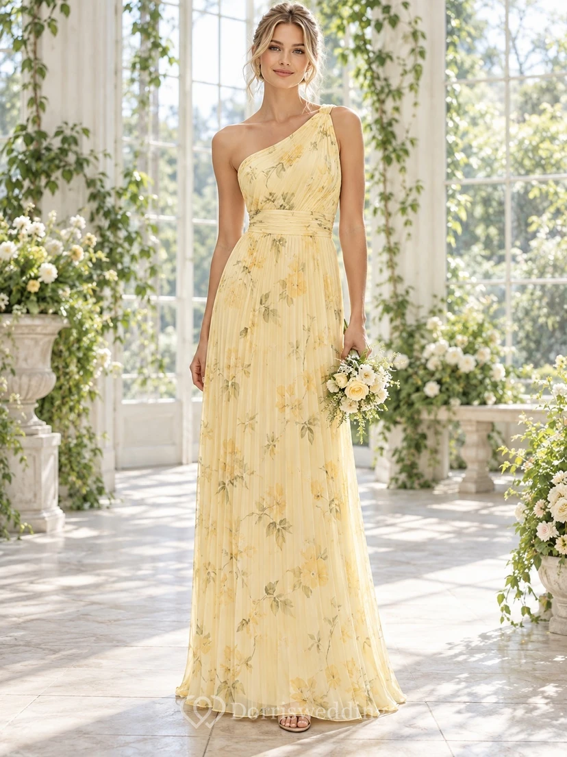 Vestido de dama de honor de gasa largo hasta el suelo, asimétrico, sin mangas, con estampado floral de narcisos.