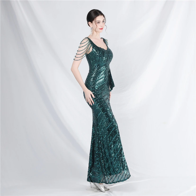 Craft Sequined Velvet Bottom Handmade Beaded Long Elegant Light Luxury Evening Dress view 34