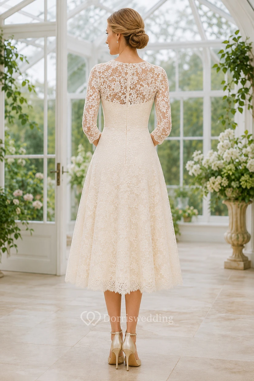 Robe de mariée en dentelle longueur thé, coupe trapèze, manches trois-quarts illusion, idéale pour une cérémonie en plein air. view 2