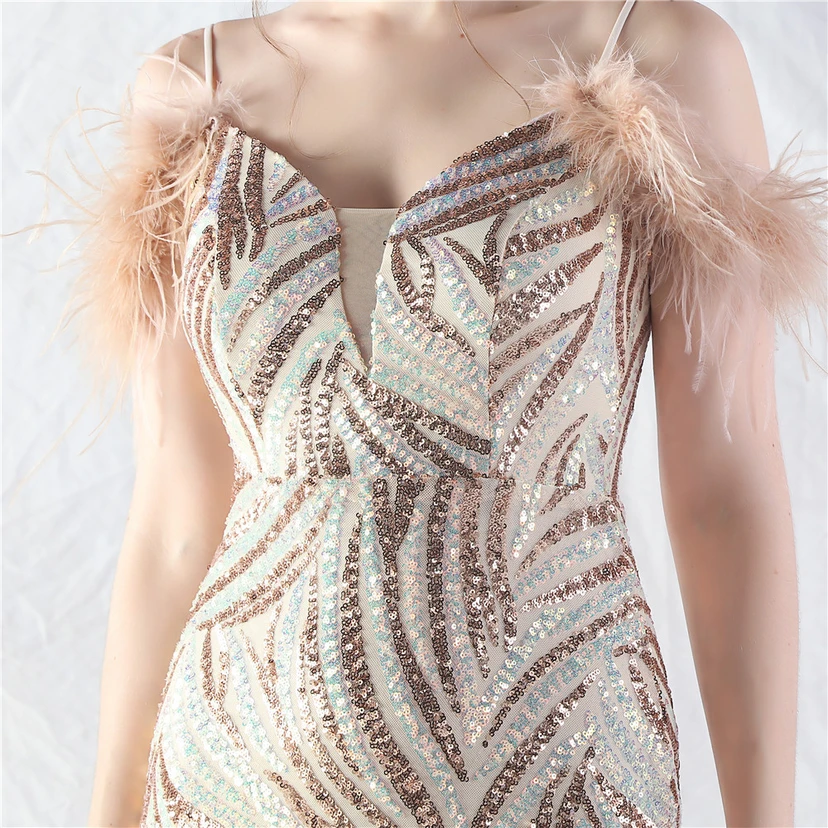 Crafted Ostrich Feather Stacked Sequins Splicing Mesh Gauze High-End Evening Dress Clothes view 59