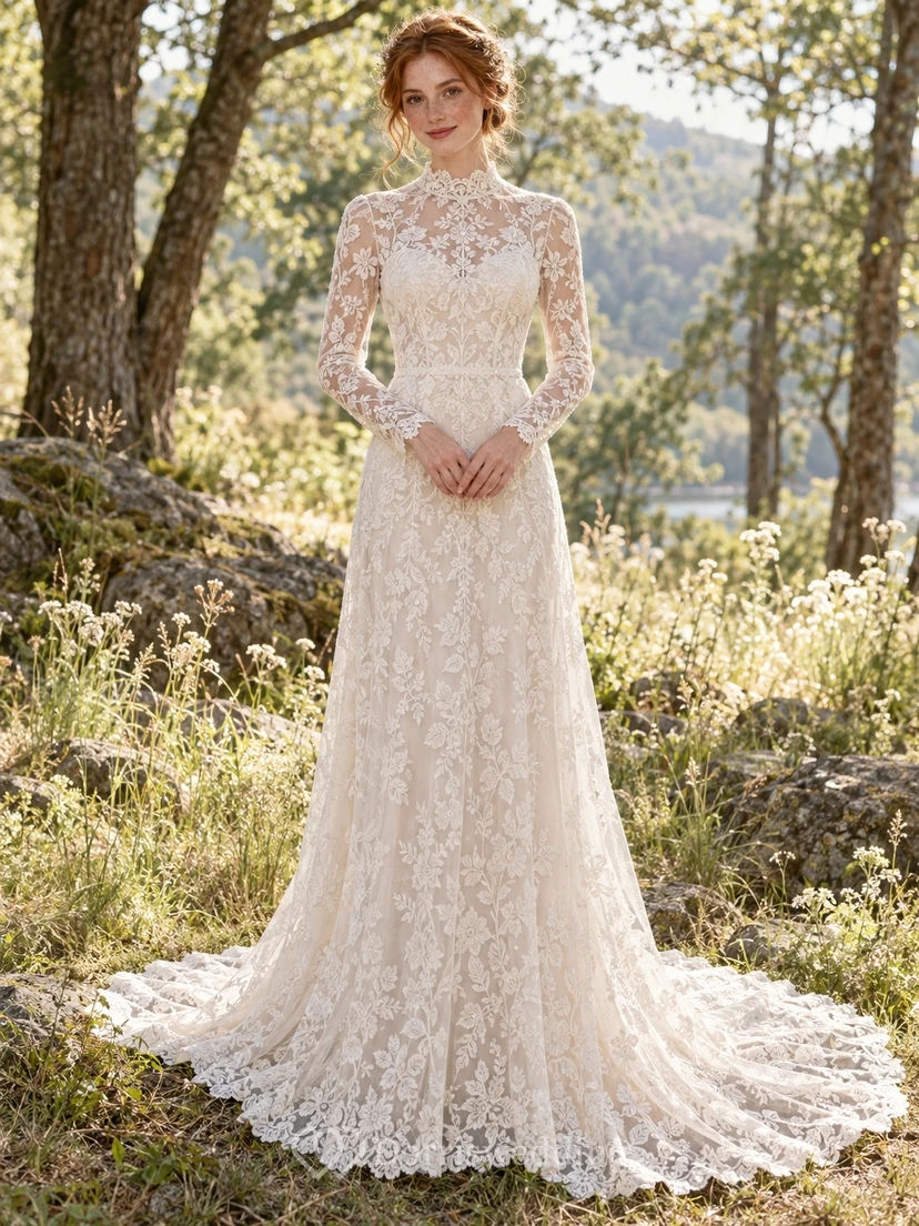 Boho Long Sleeve High Neck Allover Floral Lace Wedding Dress
