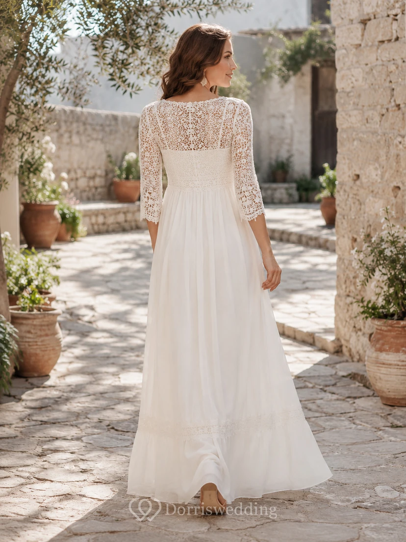 Robe de mariée bohème abordable à col carré, manches trois-quarts en dentelle et longueur cheville view 2