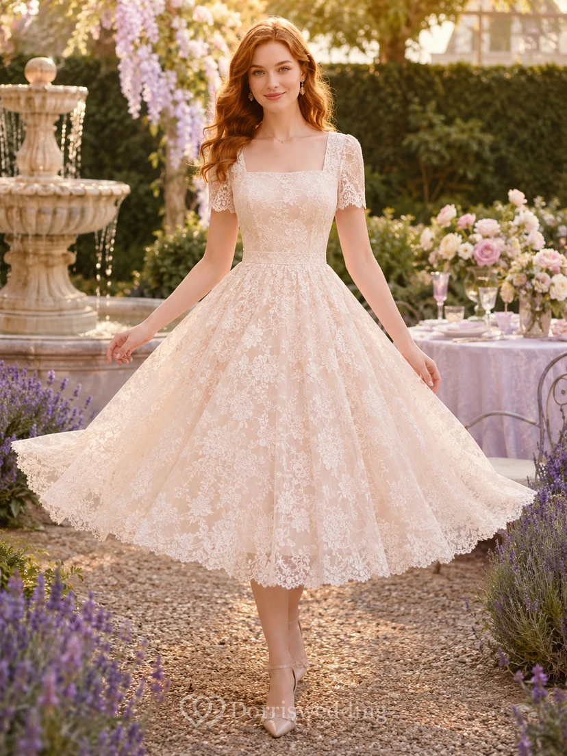 Romantic Square Neck Lace Tea-Length Tulle A-Line Wedding Dress