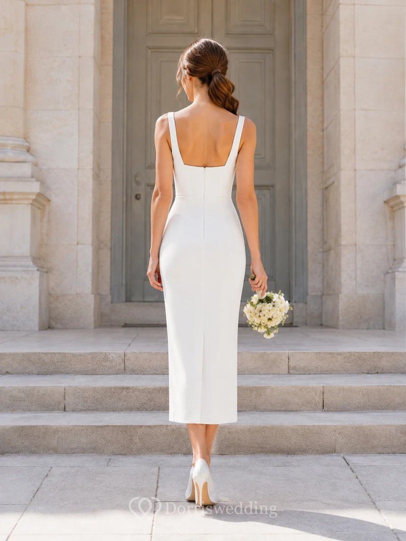Robe de mariée vintage en satin, fourreau, col carré, sans manches, longueur thé view 2