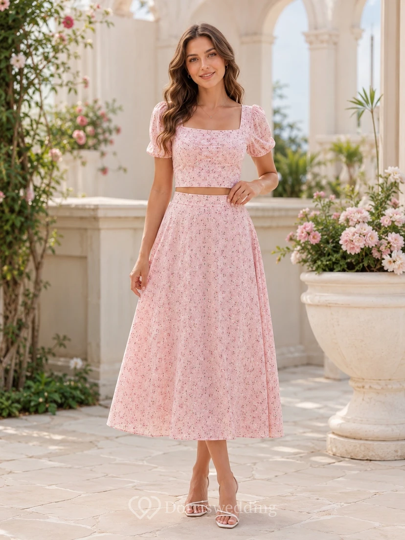 Blushing Pink Square-Neck Puff-Sleeve Lace Two-Piece Tea-length Floral Romantic Guest Dress