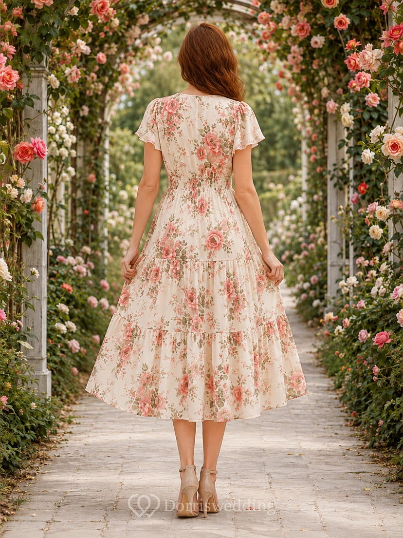 Cream floral V-neck flutter sleeve A-line midi dress view 2