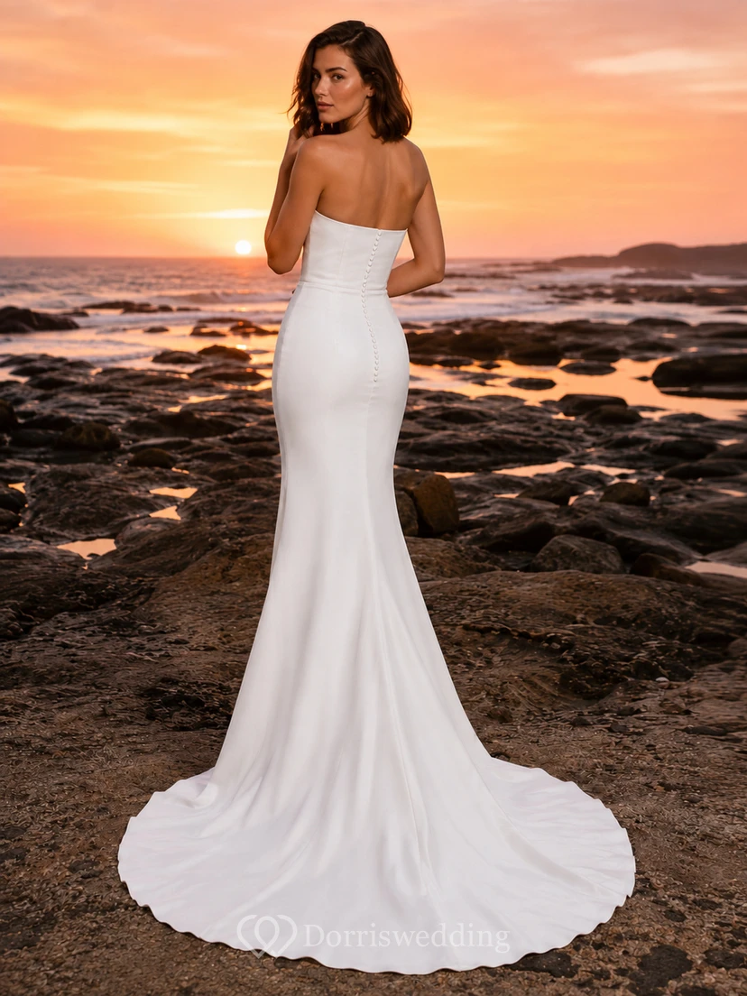 Sleek Strapless Satin Sunset Beach Mermaid Elopement Gown view 2